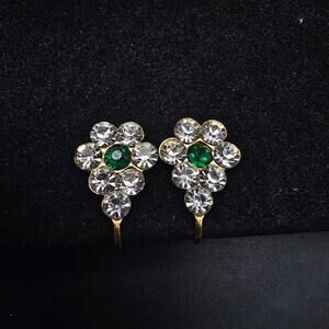 Green Clear Rhinestone Screw Back Earrings Vintage Costume Jewelry